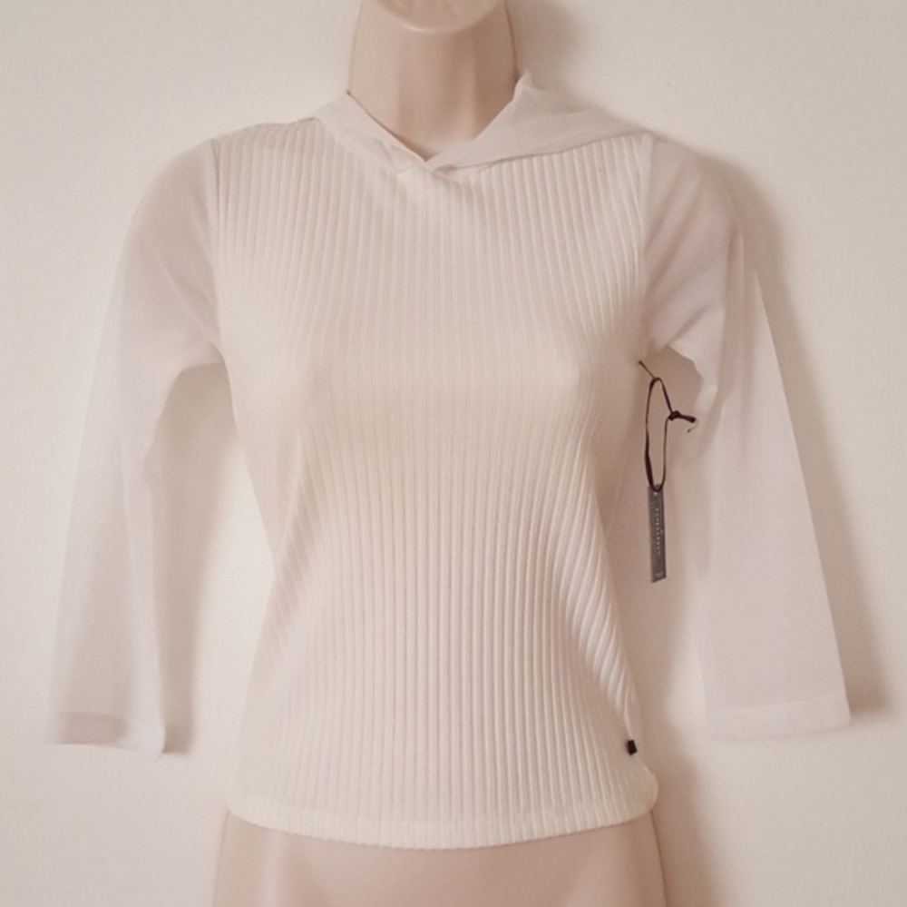 White Ribbed Top with Mesh Hoodie